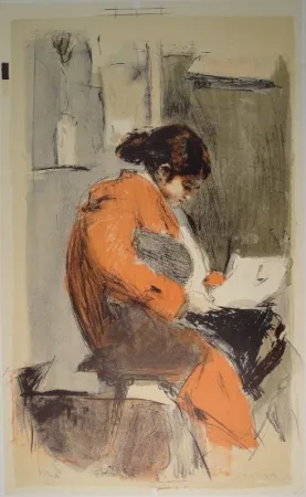 Lithografie Falk - Lesende in rotem Kimono
