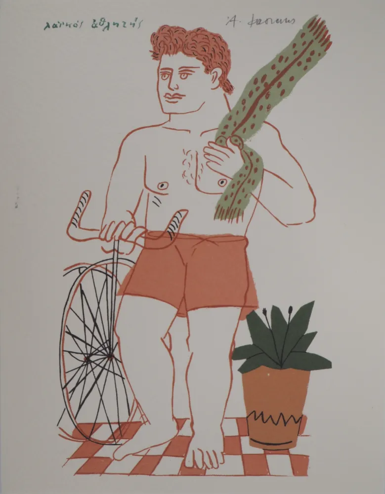 Lithografie Fassianos - Cycliste à l'écharpe verte