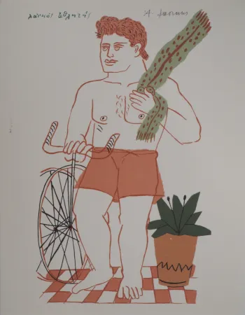 Lithografie Fassianos - Cycliste à l'écharpe verte