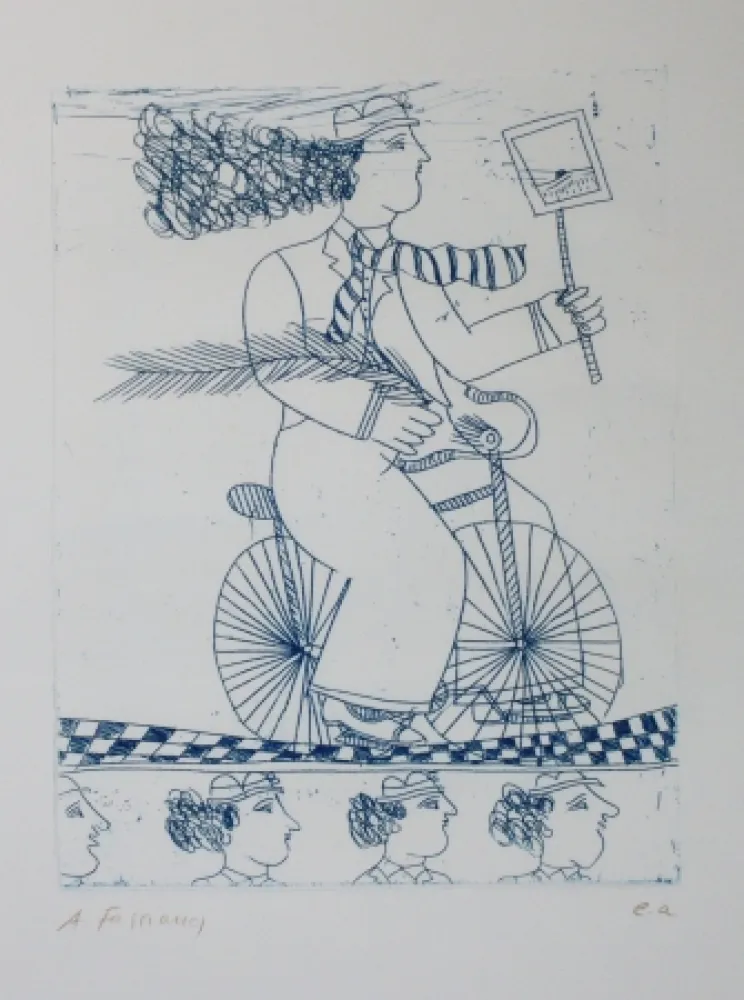 Ets En Aquatint Fassianos - Homme bleu au velo bleu