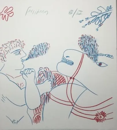 Lithografie Fassianos - Le fumeur de cigarettes et le cheval