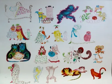 Lithografie Fini - 24 Chats et un Oiseau