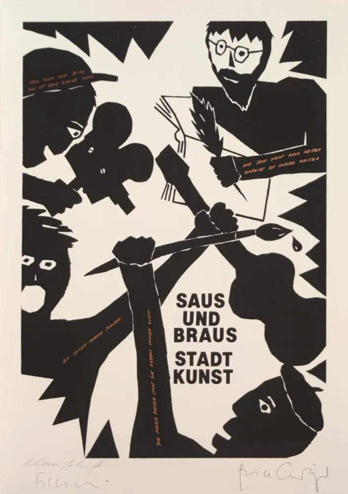 Zeefdruk Fischli - Saus und Braus. Stadt Kunst, 1980. 