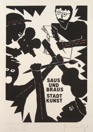 Zeefdruk Fischli - Saus und Braus. Stadt Kunst, 1980. 
