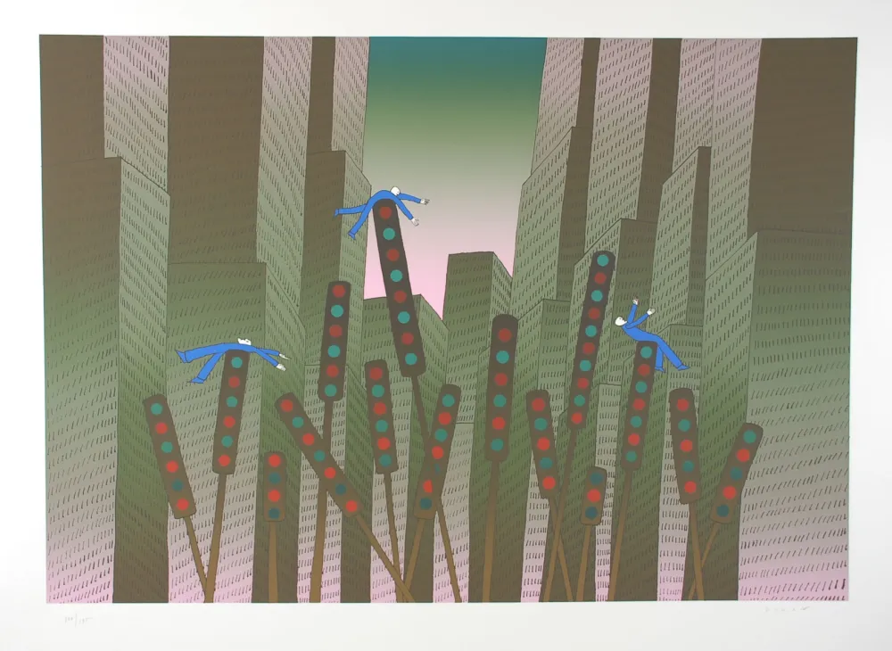 Zeefdruk Folon - City Lights - Les lumières de la ville