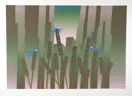 Zeefdruk Folon - City Lights - Les lumières de la ville