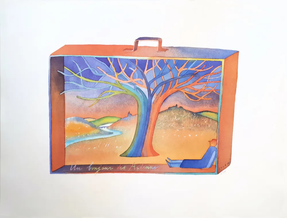 Lithografie Folon - Voyage en valise : Un bonjour des Ardennes