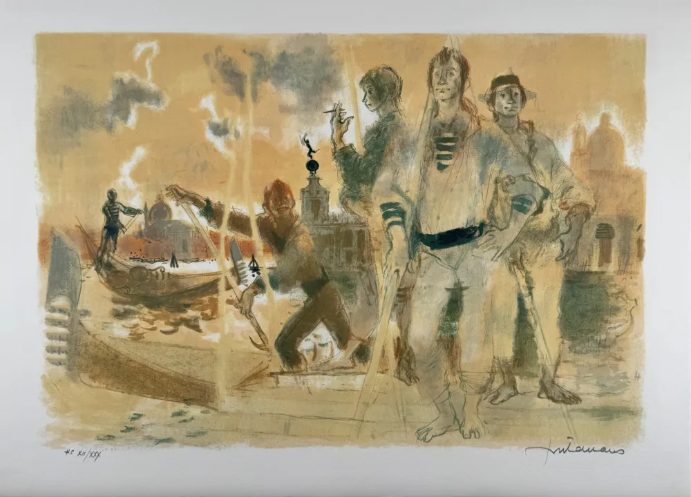Lithografie Fontanarosa - Gondoliers à Venise