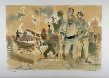 Lithografie Fontanarosa - Gondoliers à Venise