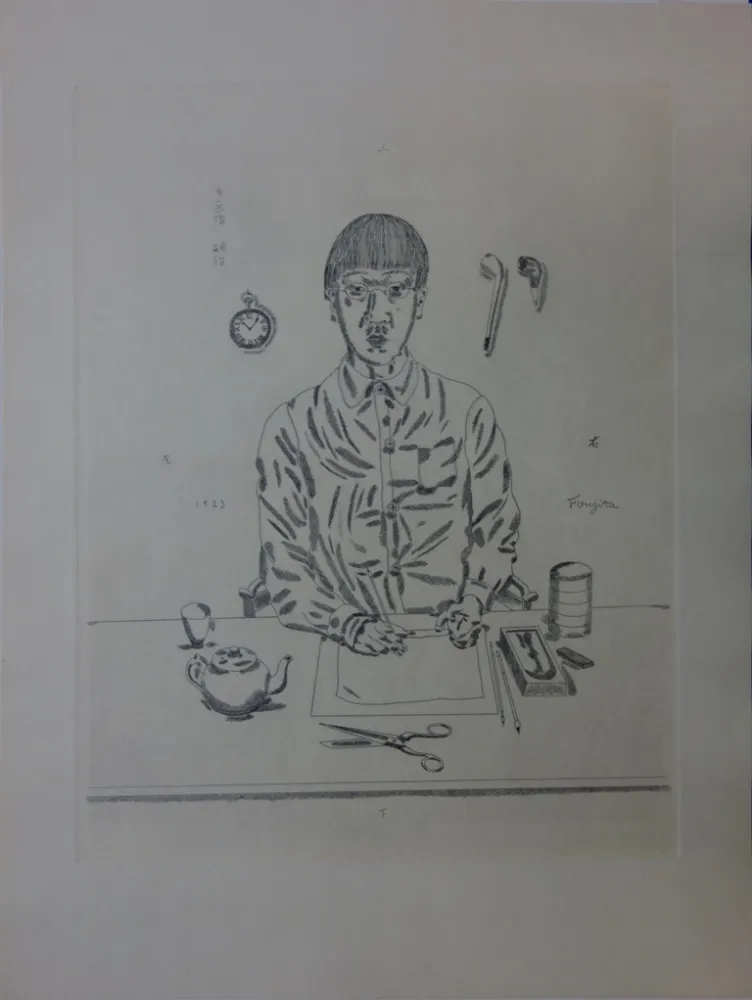 Gravure Foujita - Autoportrait à la table de travail