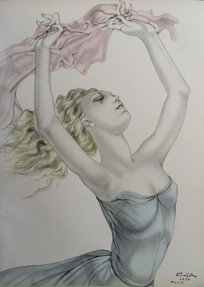 Lithografie Foujita - Danseuse en foulard rose