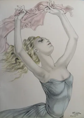 Lithografie Foujita - Danseuse en foulard rose