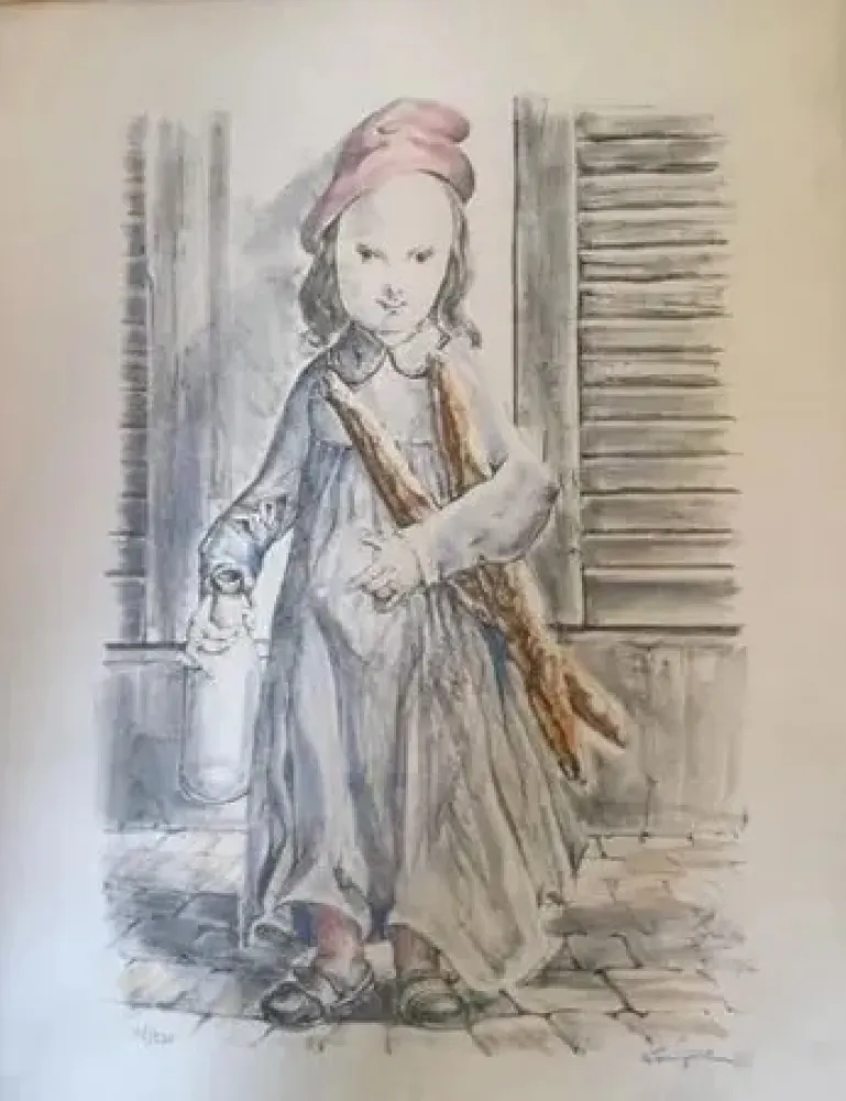Lithografie Foujita -  ''Fillette aux baguettes de pains'' ou ''Le matin'' circa 1956