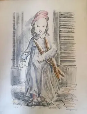 Lithografie Foujita -  ''Fillette aux baguettes de pains'' ou ''Le matin'' circa 1956