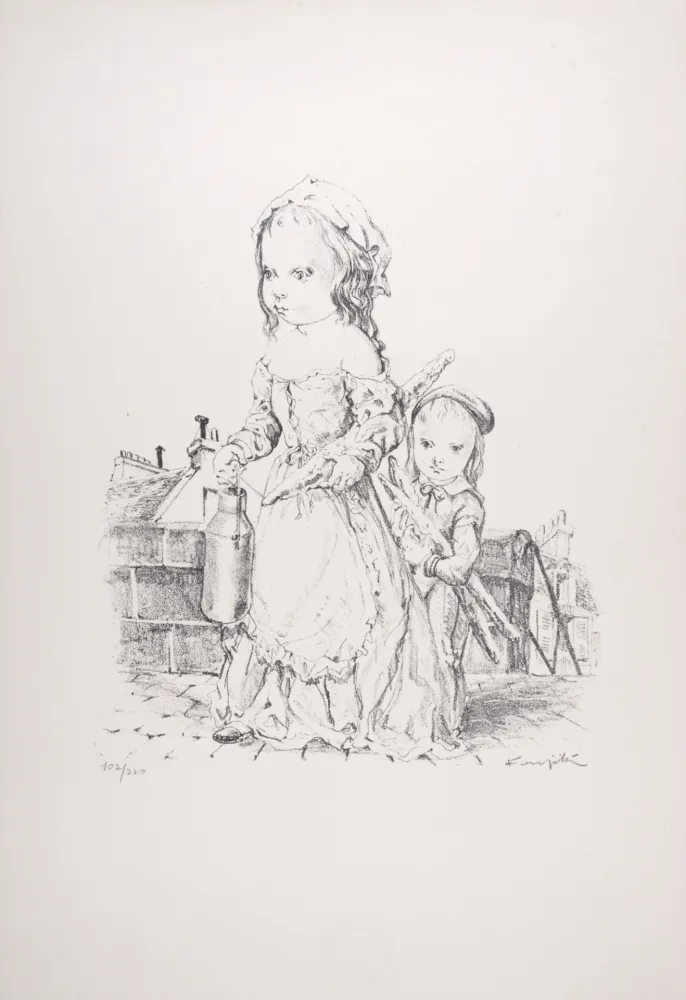 Lithografie Foujita - Jeune fille et l'Enfant à la baguette et au pot, 1954 - Hand-signed