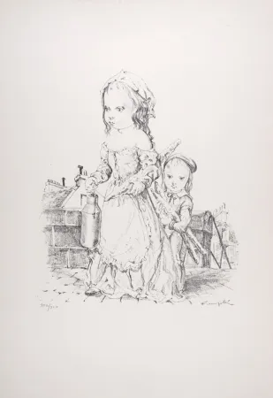Lithografie Foujita - Jeune fille et l'Enfant à la baguette et au pot, 1954 - Hand-signed