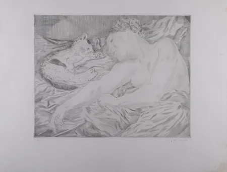 Gravure Foujita - La Femme au chat, 1927 - Hand-signed