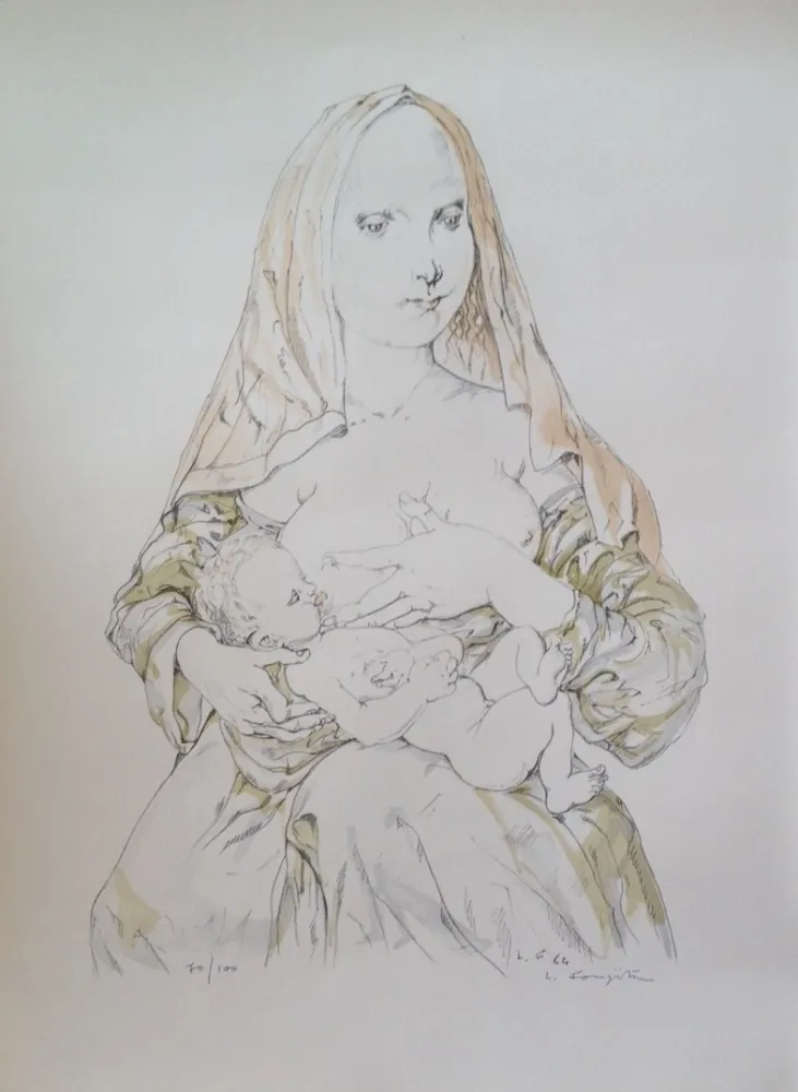 Lithografie Foujita - MATERNITE AU VOILE ROUGE  (1964)