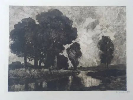 Ets En Aquatint Gampert - Eichengruppe am Bach