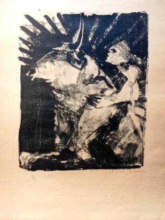 Lithografie Garache - Boy Riding a Bull, Rare Hand signed Lithograph, cca 40-50's 