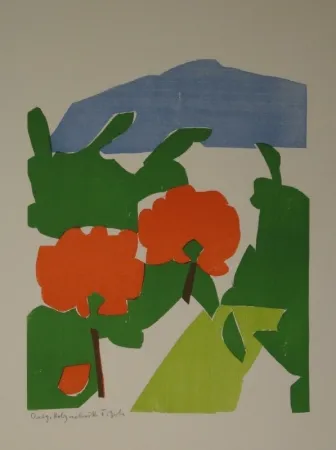 Houtsnede Gehr - Zwei rote Bäume in Landschaft