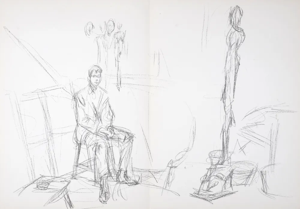Lithografie Giacometti - Homme assis et sculptures, 1961