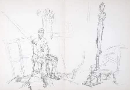 Lithografie Giacometti - Homme assis et sculptures, 1961