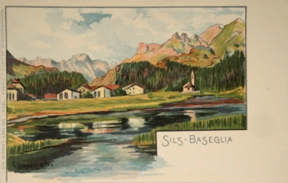 Lithografie Giacometti - Sils-Baseglia / Samaden / Sils-Maria / Silva Plana mit Piz Margna / Maloja / Der Schafberg
