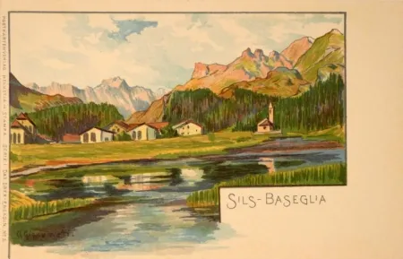 Lithografie Giacometti - Sils-Baseglia / Samaden / Sils-Maria / Silva Plana mit Piz Margna / Maloja / St.Moritz / Der Schafberg / Forno-Gletscher.