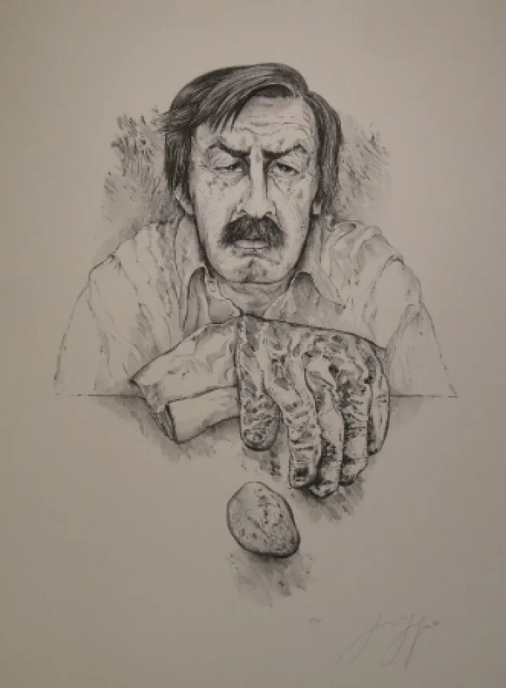 Lithografie Grass - Selbst mit Handschuh und Stein