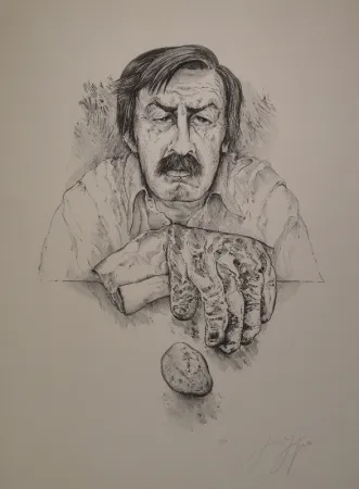 Lithografie Grass - Selbst mit Handschuh und Stein