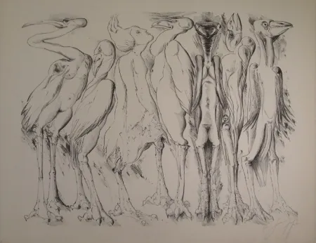 Lithografie Grass - Zwischen den Vögeln