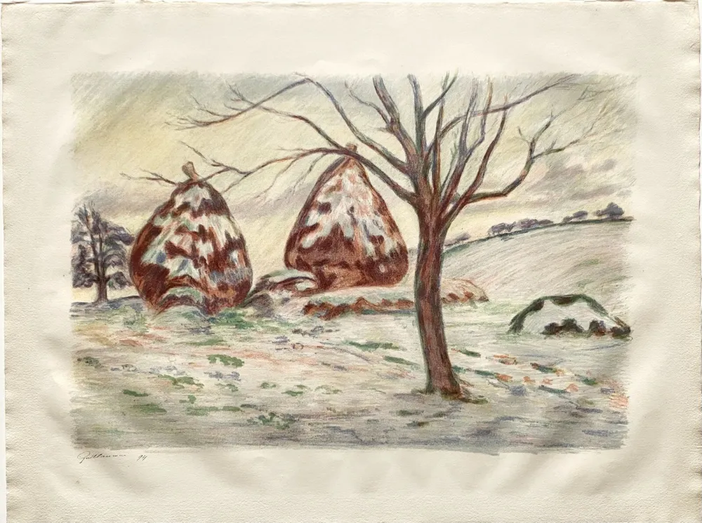Lithografie Guillaumin - Les Meules en hiver à Palaiseau