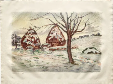 Lithografie Guillaumin - Les Meules en hiver à Palaiseau