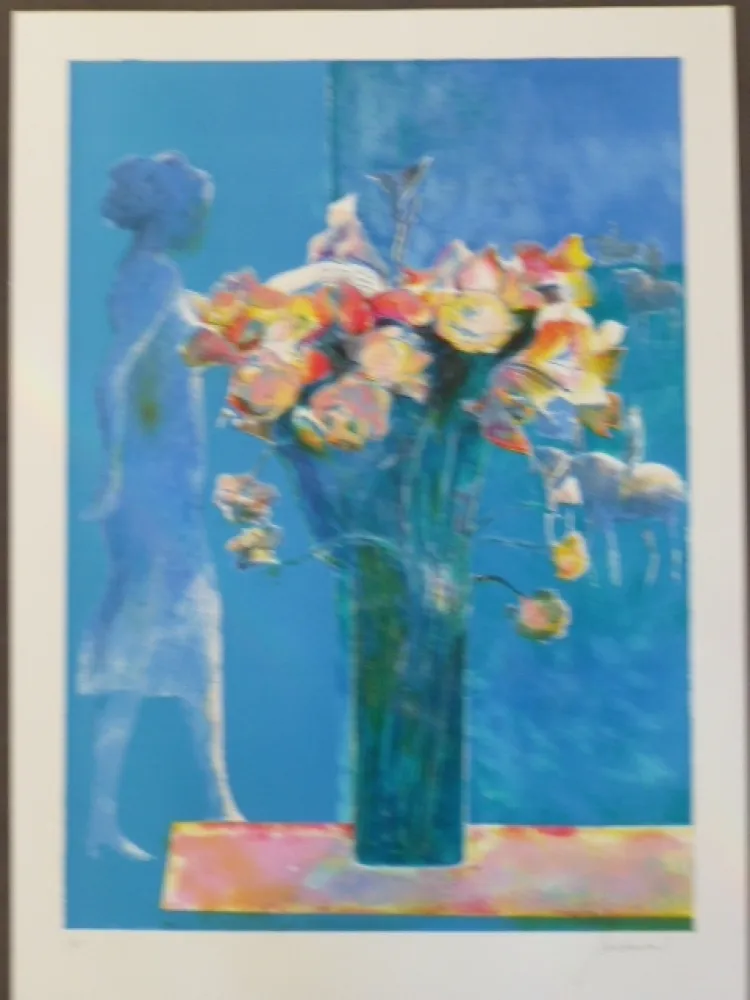 Lithografie Guiramand - Bouquet de fleurs et femme de profil