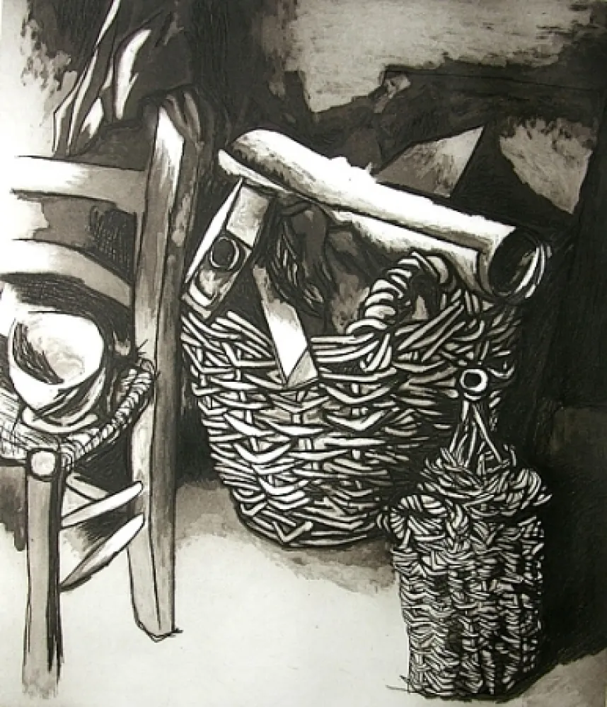 Ets En Aquatint Guttuso - Natura morta con sedia, cestino e fiasco