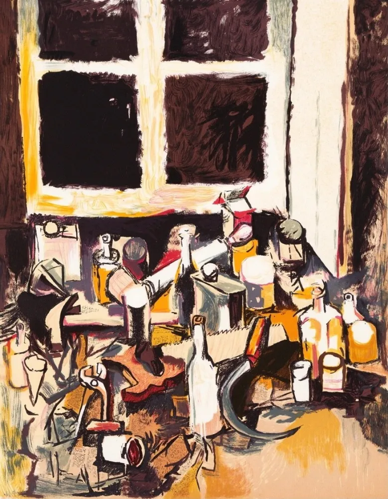 Lithografie Guttuso - Oggetti sul tavolo e finestra di sera