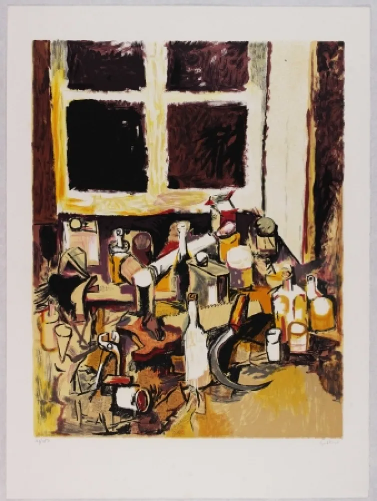 Lithografie Guttuso - Oggetti sul tavolo e finestra di sera