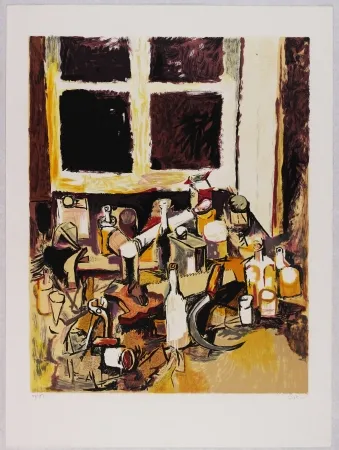 Lithografie Guttuso - Oggetti sul tavolo e finestra di sera