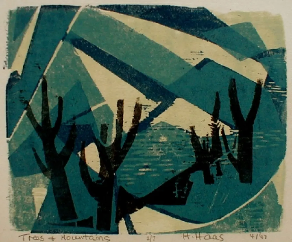 Houtsnede Haas - Trees and Mountains
