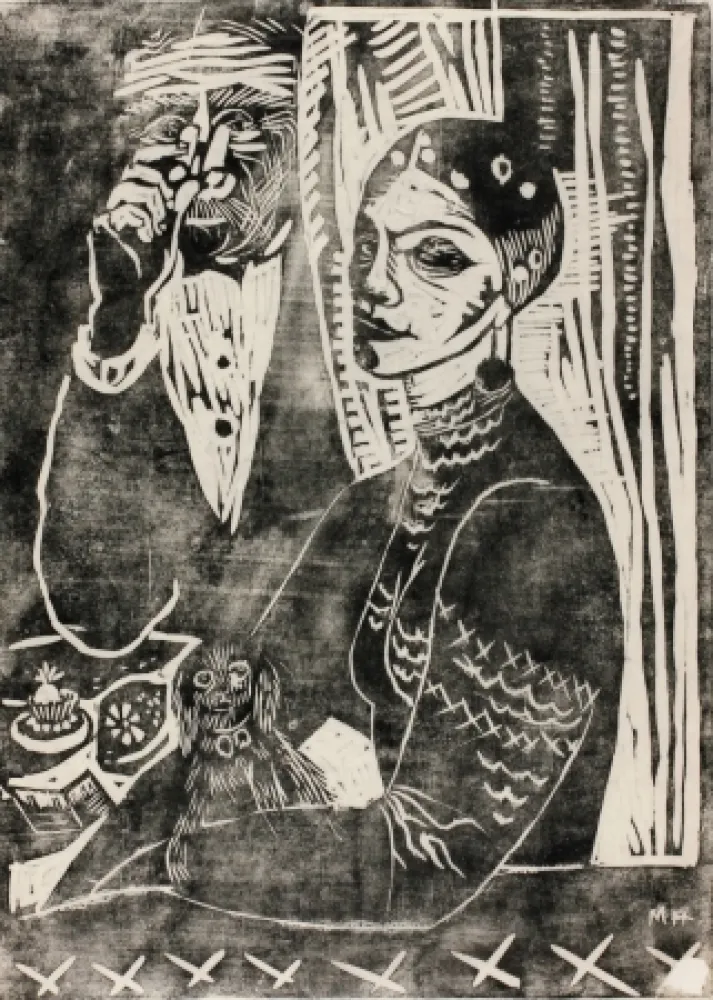 Houtsnede Hamerschlag - In der Loge - Selbstporträt (At the Loge - Selfportrait)