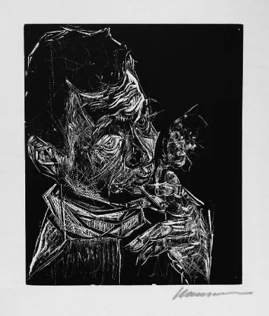 Houtsnede Hansen-Bahia - Selbstbildnis, rauchend / Self-Portrait, Smoking