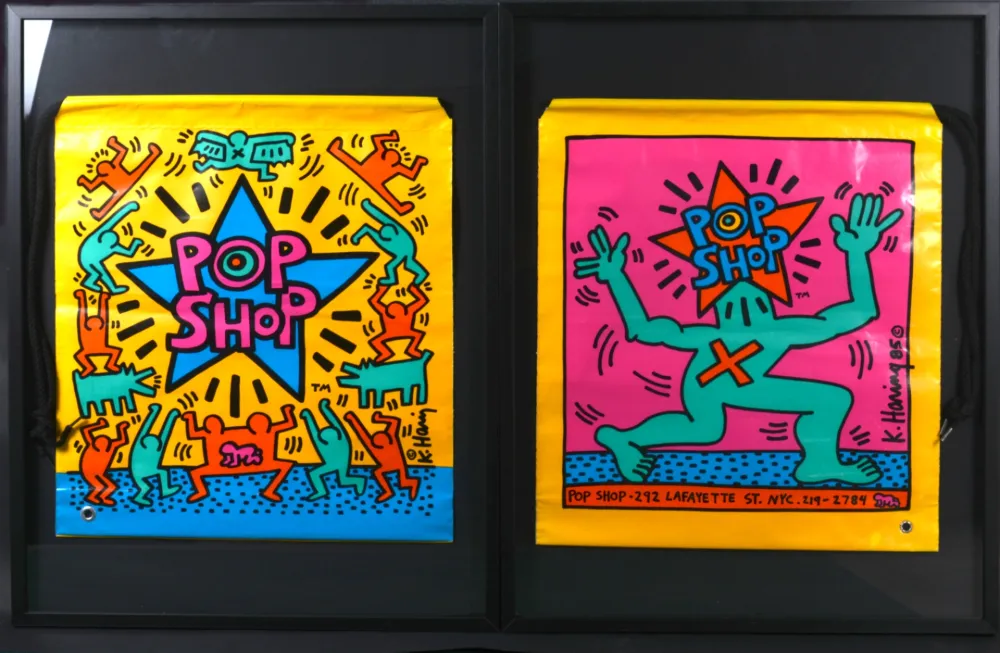 Zeefdruk Haring - 2 Pop shop Bag, 1986 - Framed