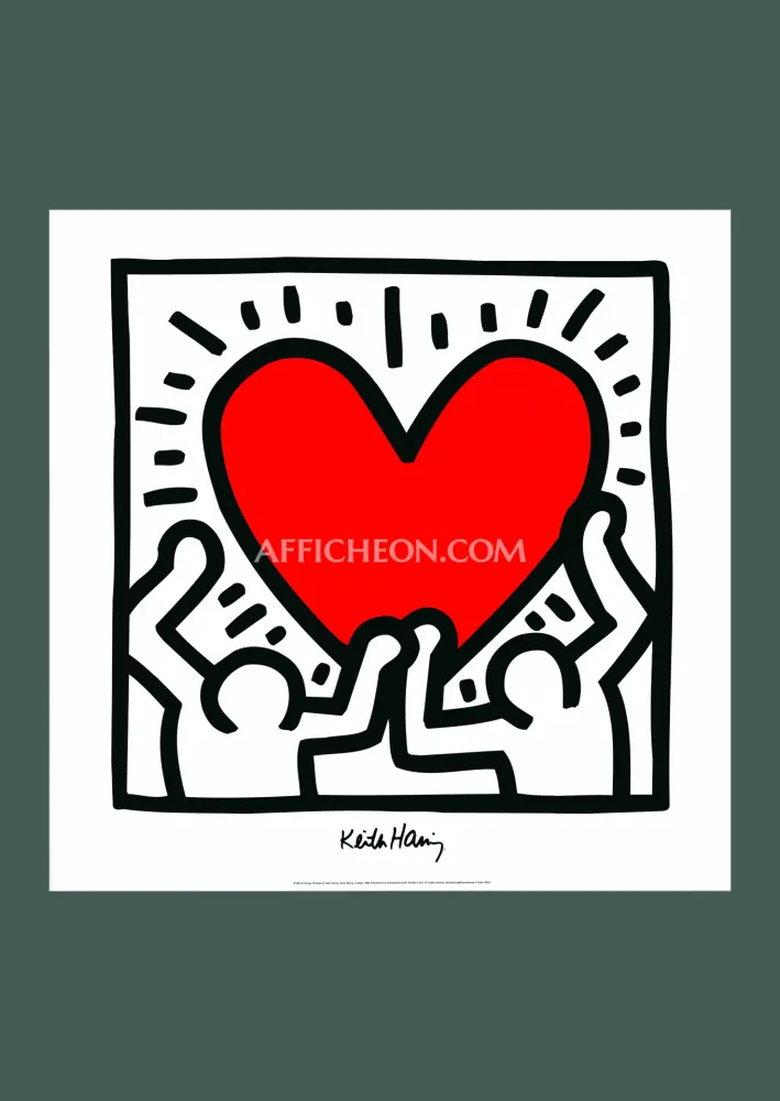 Lithografie Haring - Keith Haring: 'Untitled (Figures with Red Heart)' 1988 Offset-lithograph