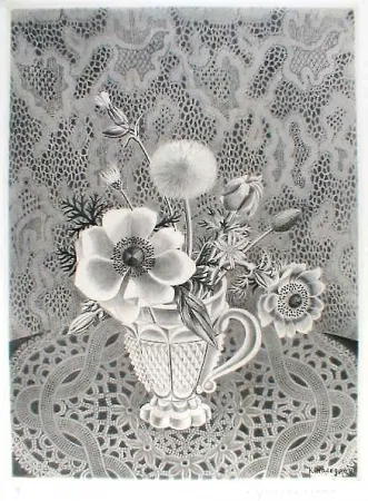 Ets En Aquatint Hasegawa - Anémonés et fleurs de champs dans un verre a facettes / Bouquet sur fond de dentelle