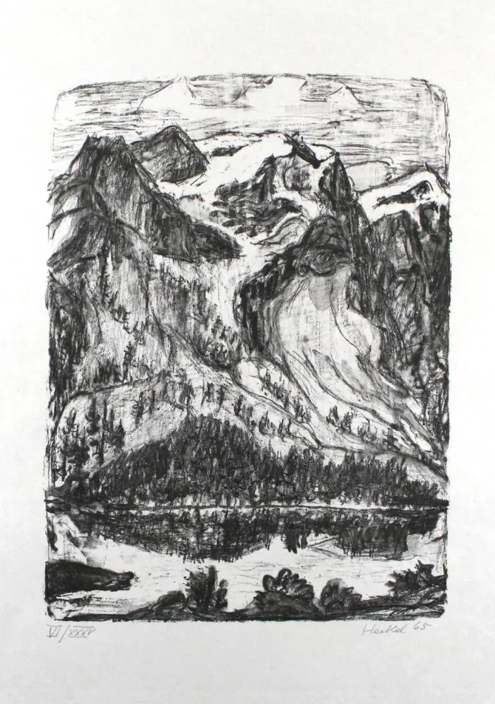 Lithografie Heckel - Berghang am See