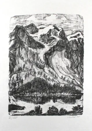 Lithografie Heckel - Berghang am See