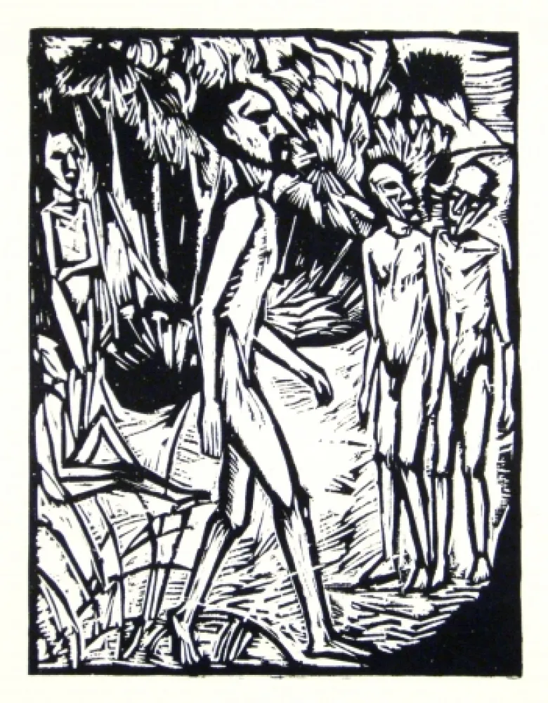 Houtsnede Heckel - Männer am Strand (Men at the beach)