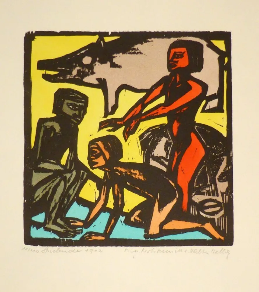 Houtsnede Helbig - Spielende