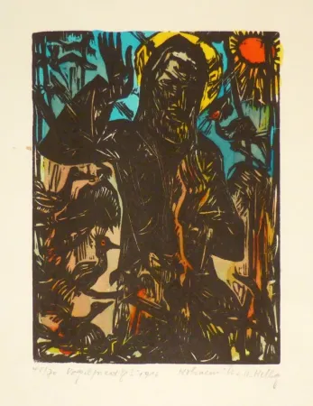 Houtsnede Helbig - Vogelpredigt. 